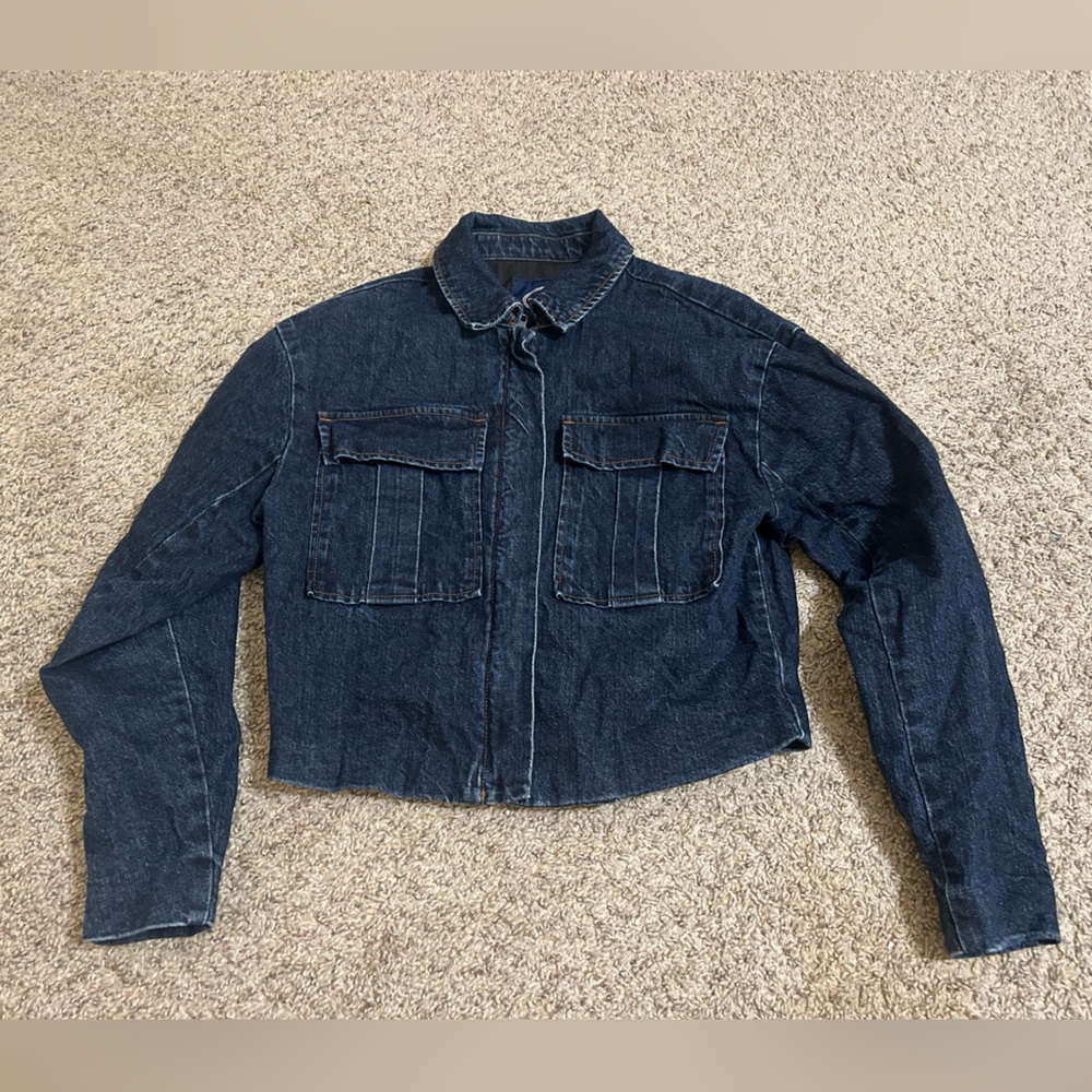 Scoop Women's Oversized Cropped Denim Jacket Size XS Dark Wash Black Lined 0-2